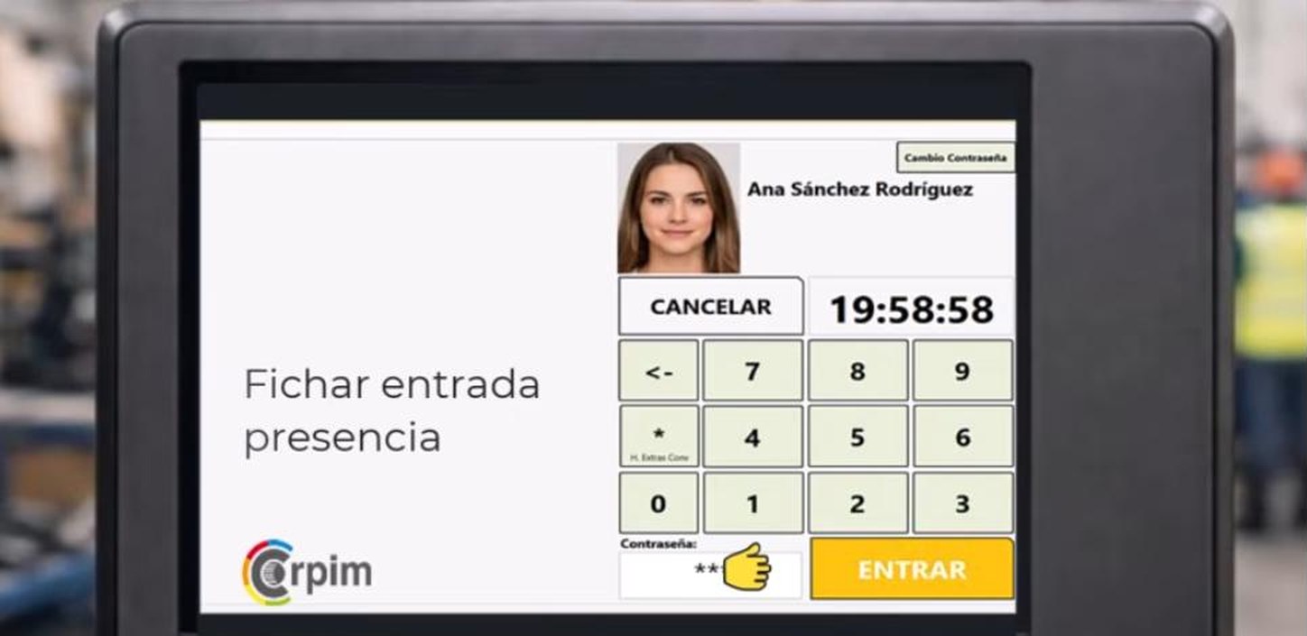 Terminal de Erpim RRHH en la pantalla de fichar entrada de presencia