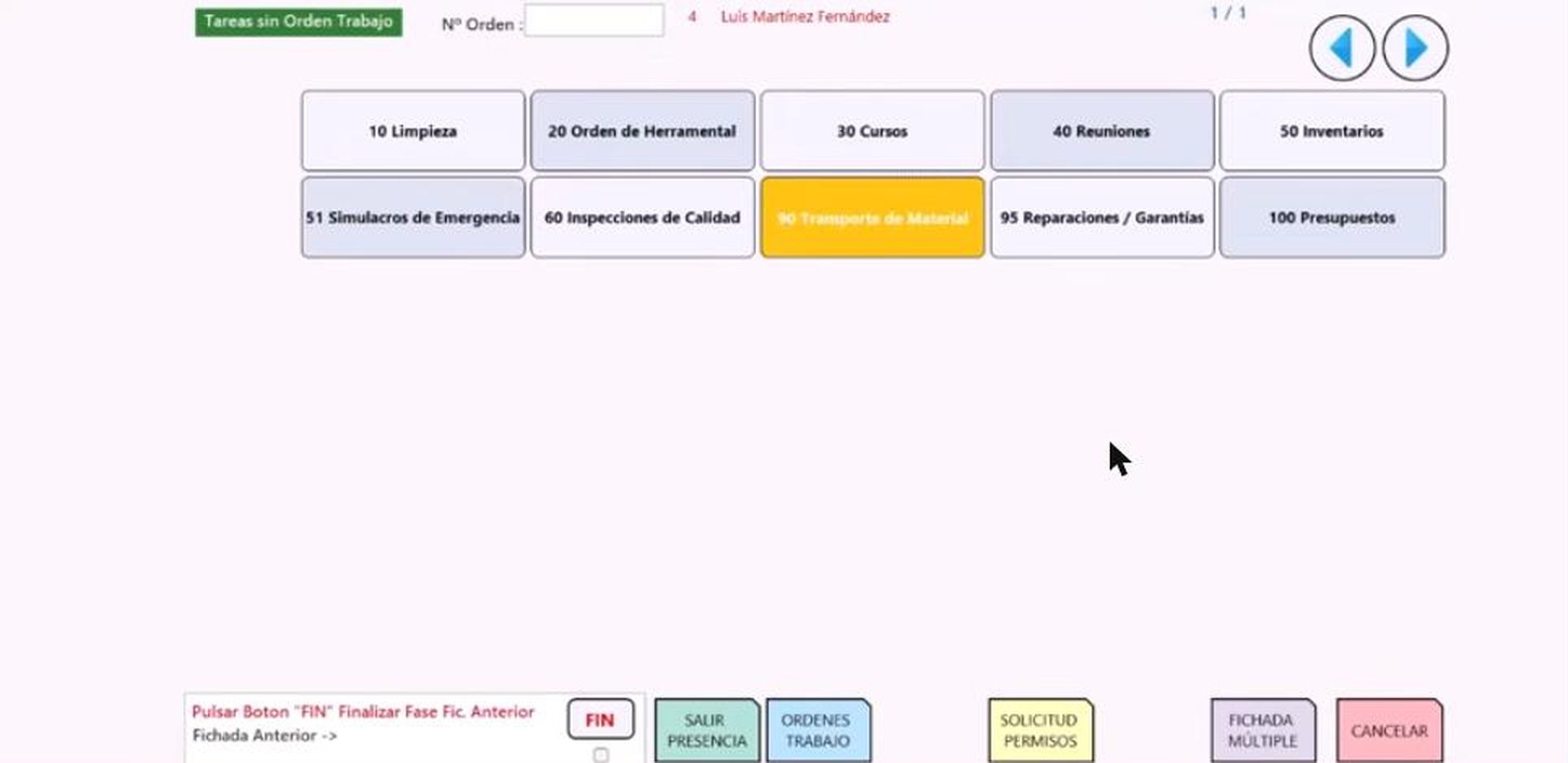Pantalla de tareas sin orden de trabajo: limpieza, cursos, reuniones e inventarios