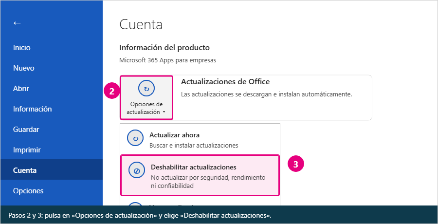 Word: Opciones de actualización, Deshabilitar actualizaciones